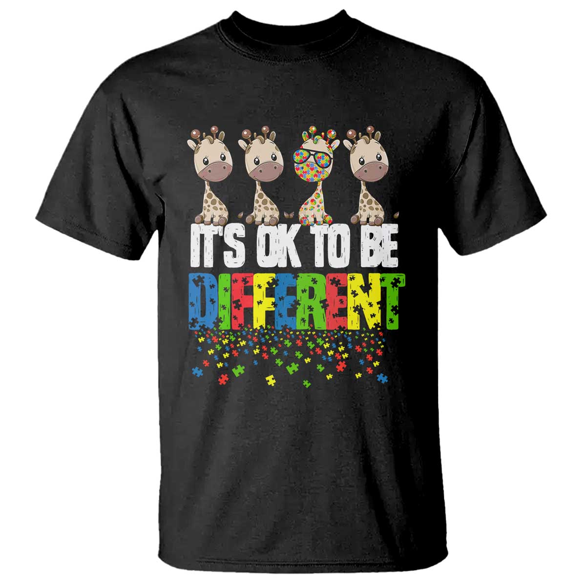 Giraffe Autism T Shirt It's Ok To Be Different Jigsaw Puzzle TS01 Black Printyourwear