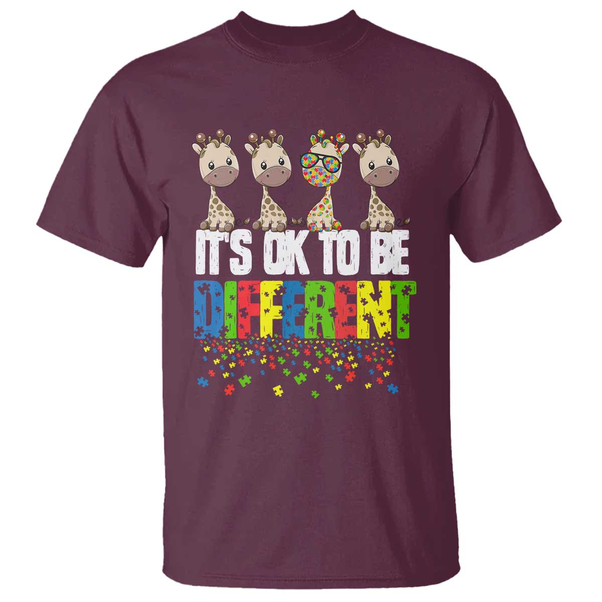 Giraffe Autism T Shirt It's Ok To Be Different Jigsaw Puzzle TS01 Maroon Printyourwear