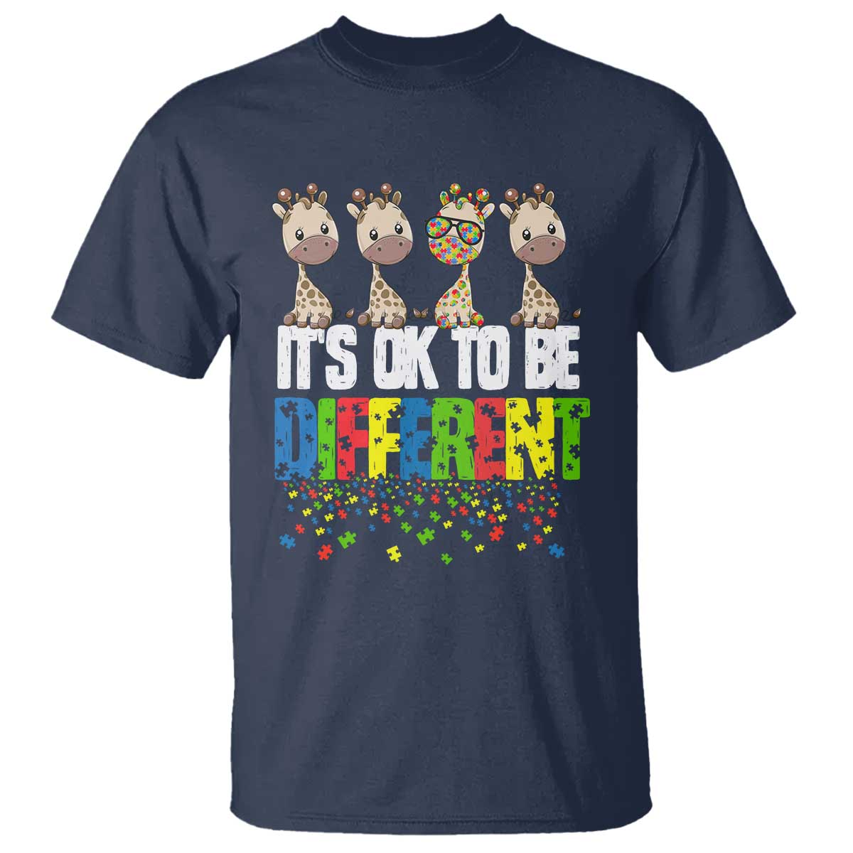 Giraffe Autism T Shirt It's Ok To Be Different Jigsaw Puzzle TS01 Navy Printyourwear