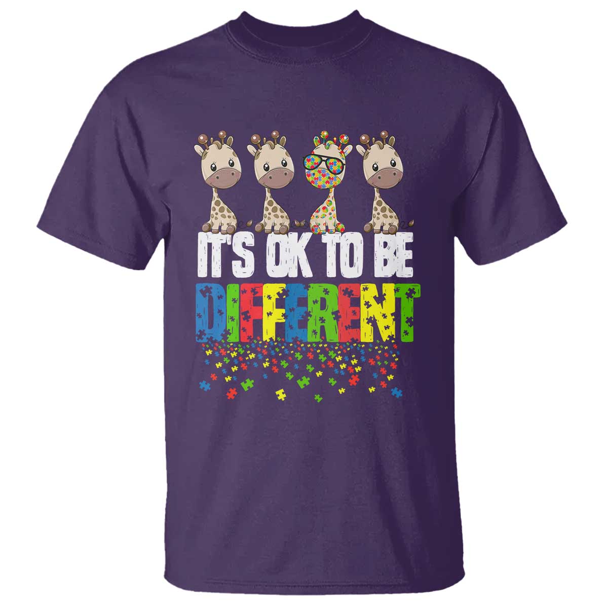 Giraffe Autism T Shirt It's Ok To Be Different Jigsaw Puzzle TS01 Purple Printyourwear