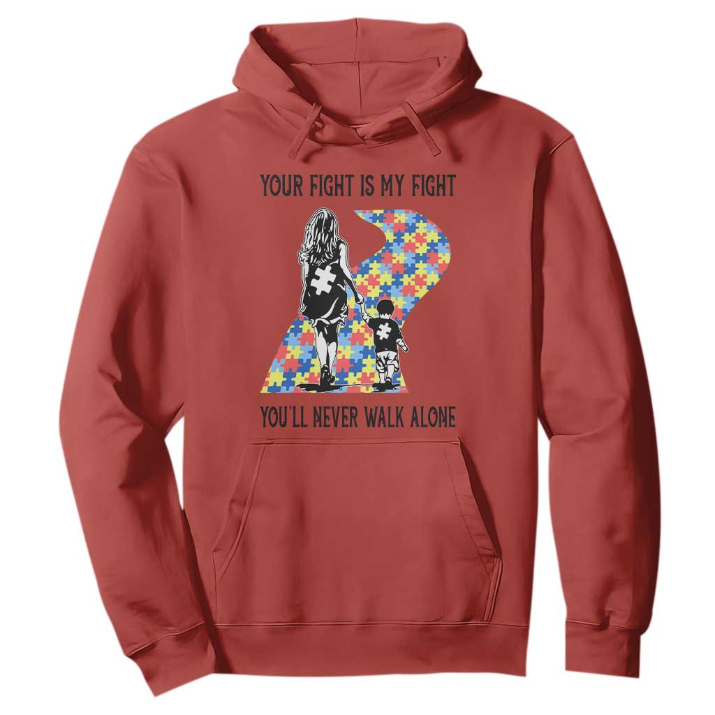 Autism Mom Hoodie Your Fight Is My Fight Never Walk Alone Mother And Son TS01 Red Printyourwear