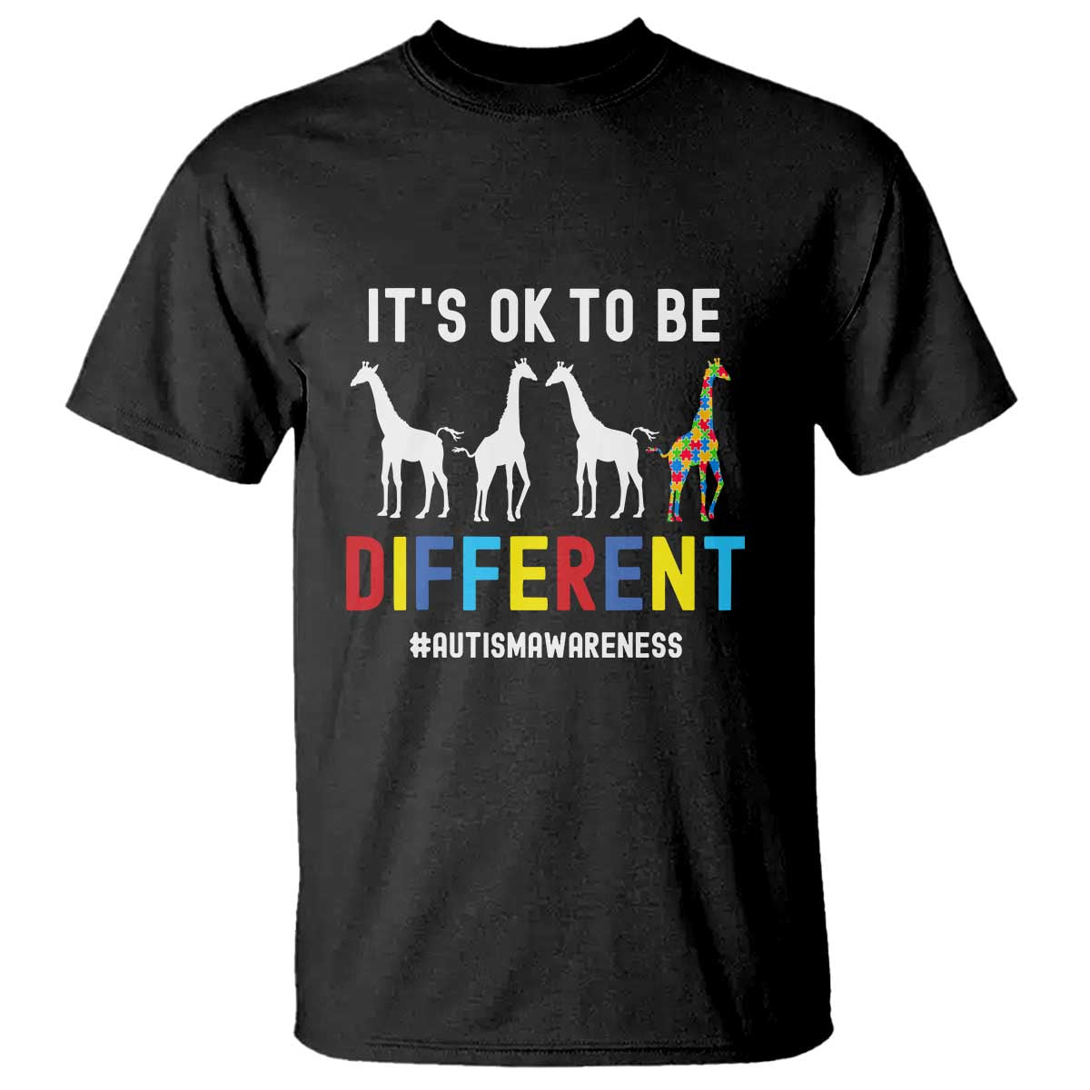 Giraffe Autism T Shirt It's Ok To Be Different Jigsaw Puzzle TS01 Black Printyourwear
