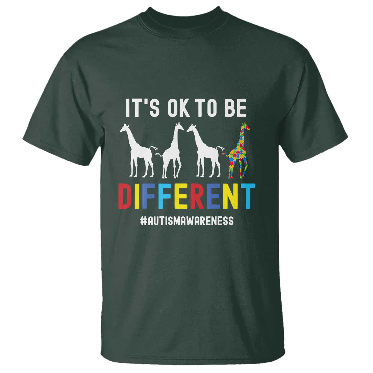 Giraffe Autism T Shirt It's Ok To Be Different Jigsaw Puzzle TS01 Dark Forest Green Printyourwear