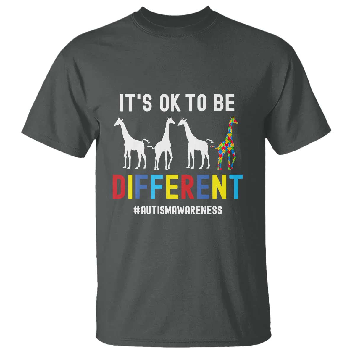 Giraffe Autism T Shirt It's Ok To Be Different Jigsaw Puzzle TS01 Dark Heather Printyourwear