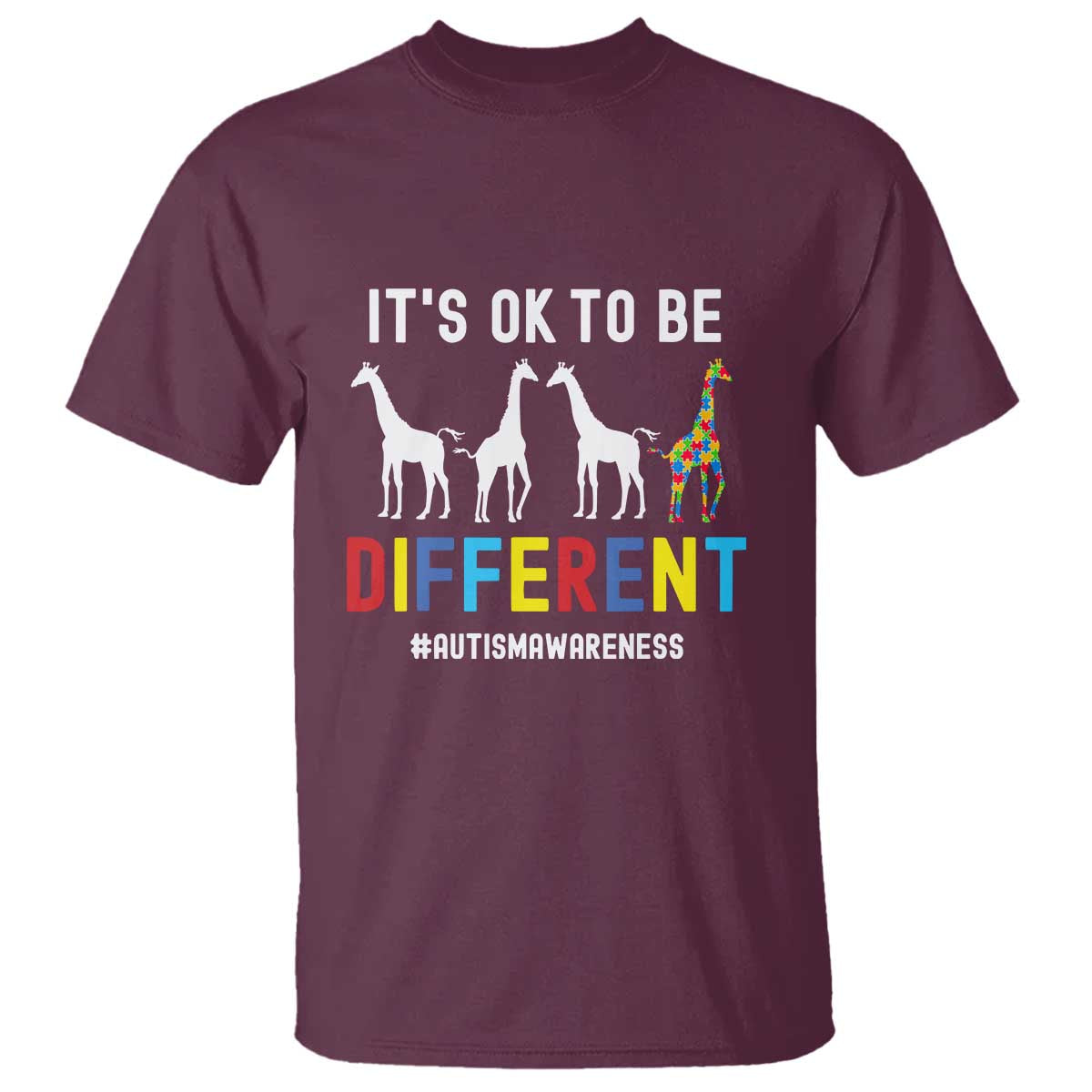 Giraffe Autism T Shirt It's Ok To Be Different Jigsaw Puzzle TS01 Maroon Printyourwear