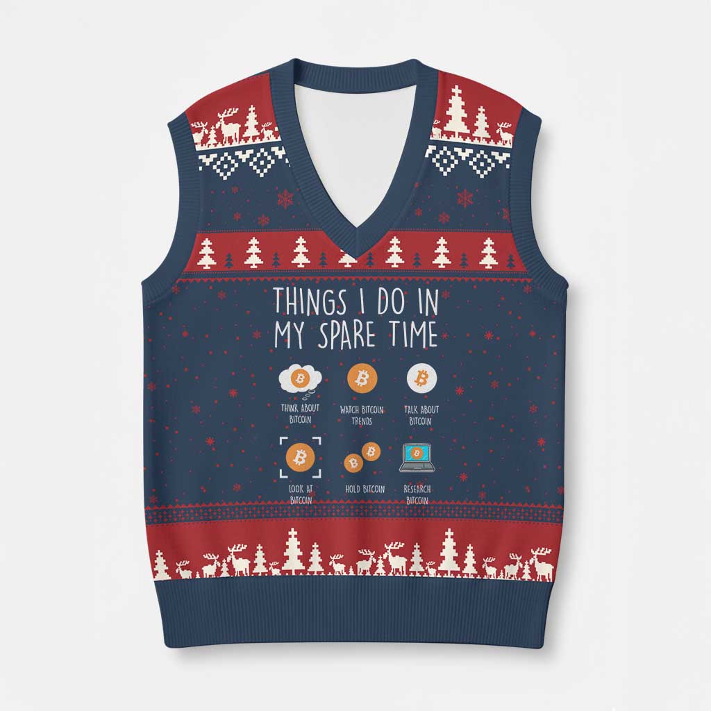 Funny Crypto Investing V-Neck Knit Sweater Vest Things I Do Spare Time Bitcoin BTC Crypto Cryptocurrency TS02 Navy Red Print Your Wear