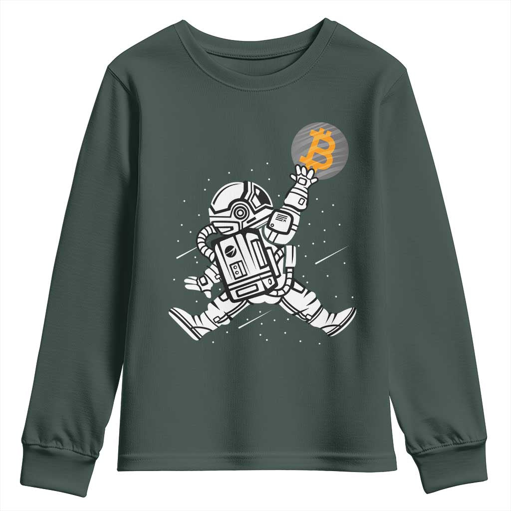 Funny Crypto Investing Youth Sweatshirt Bitcoin HODL BTC Astronaut Trader TS02 Dark Forest Green Print Your Wear