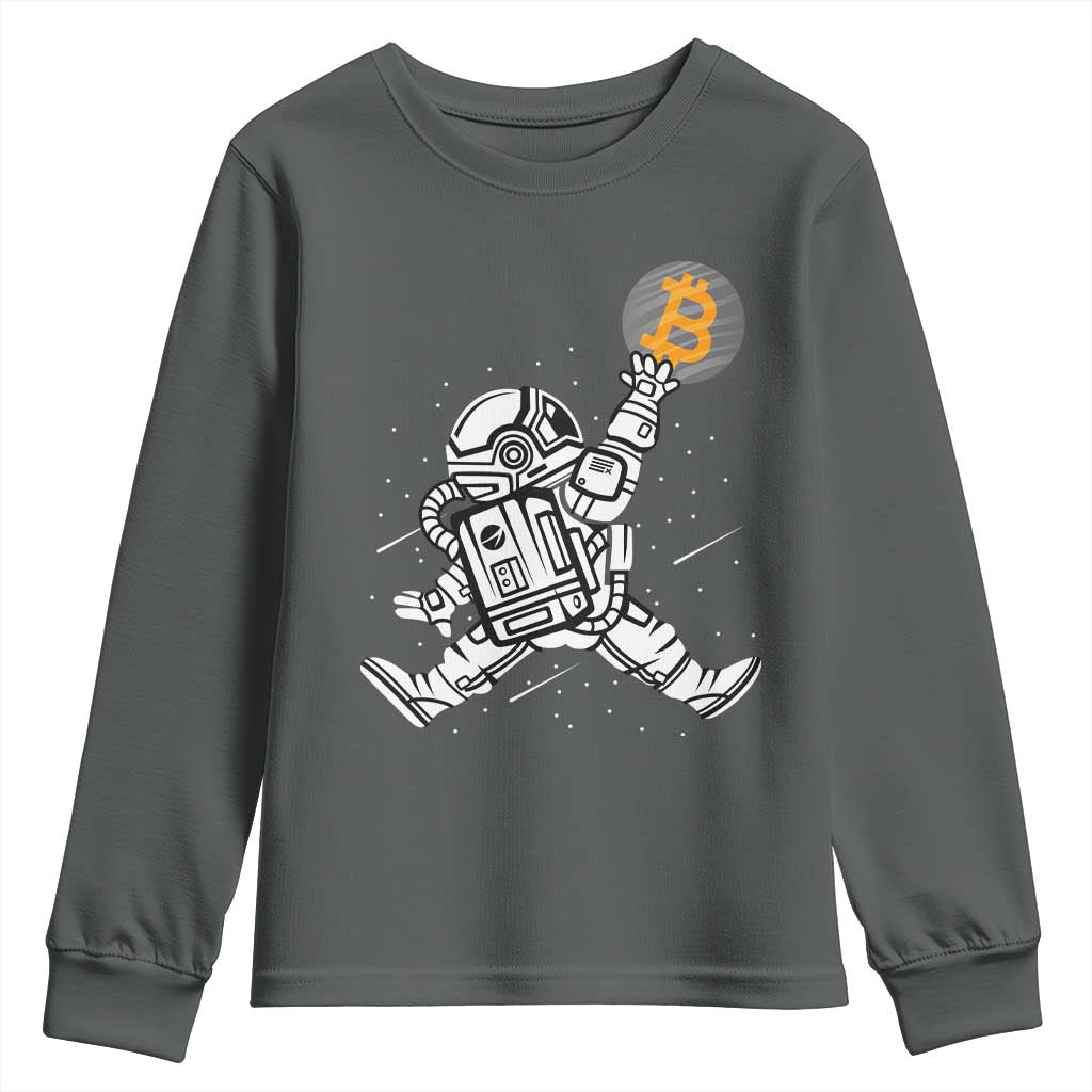 Funny Crypto Investing Youth Sweatshirt Bitcoin HODL BTC Astronaut Trader TS02 Dark Heather Print Your Wear