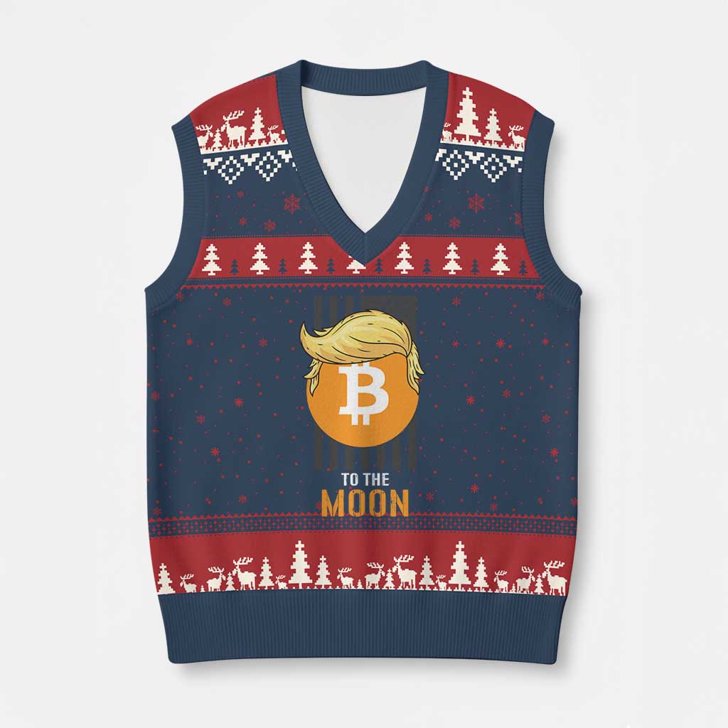 Funny Trump Crypto Investing V-Neck Knit Sweater Vest To The Moon Bitcoin Hodler American Flag TS02 Navy Red Print Your Wear