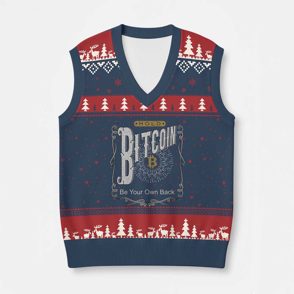 Funny Crypto Investing V-Neck Knit Sweater Vest Vintage Bitcoin HODL Be Your Own Bank Cryptocurrency TS02 Navy Red Print Your Wear