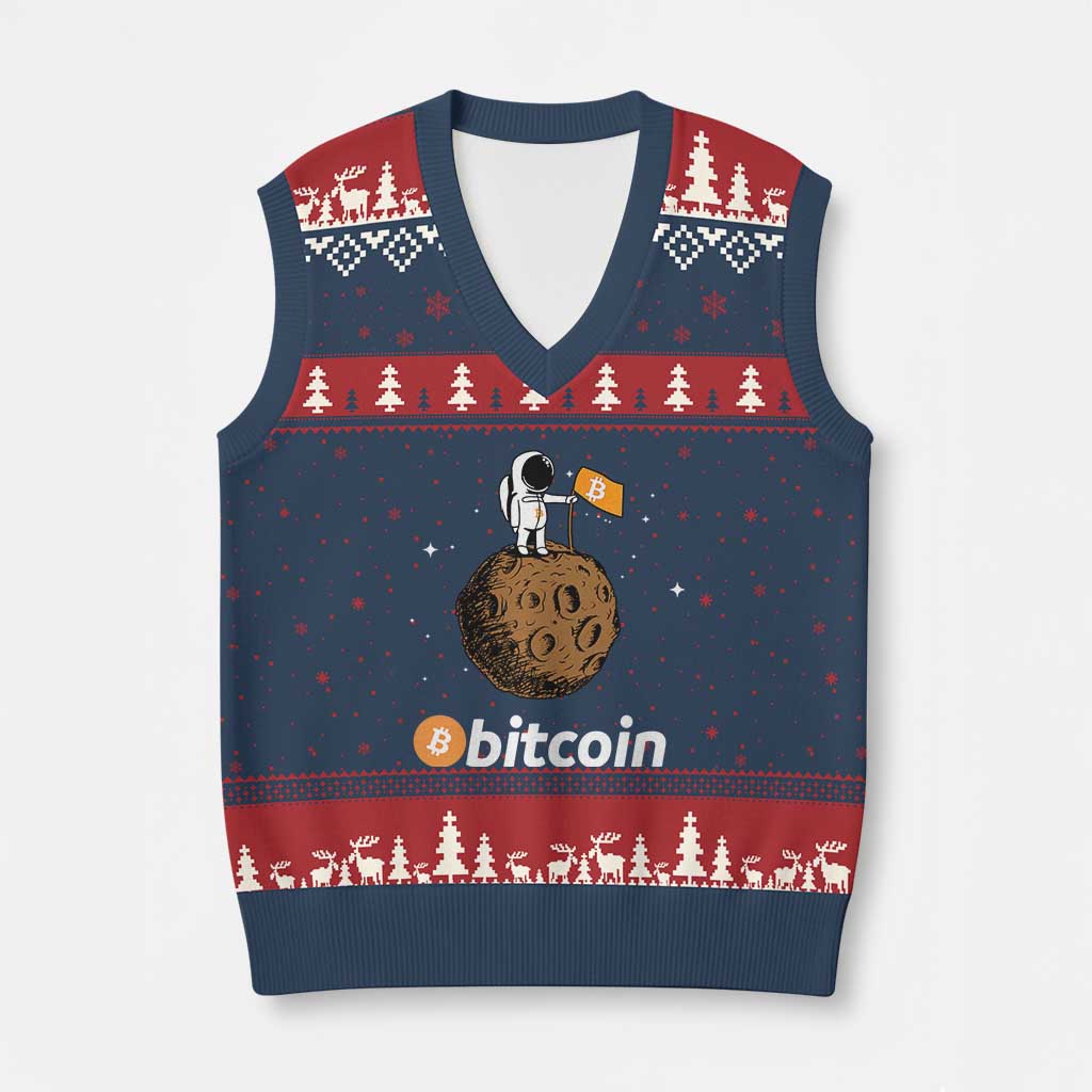 Funny Crypto Investing V-Neck Knit Sweater Vest Bitcoin BTC Crypto to the Moon Graphic Featuring Astronaut TS02 Navy Red Print Your Wear