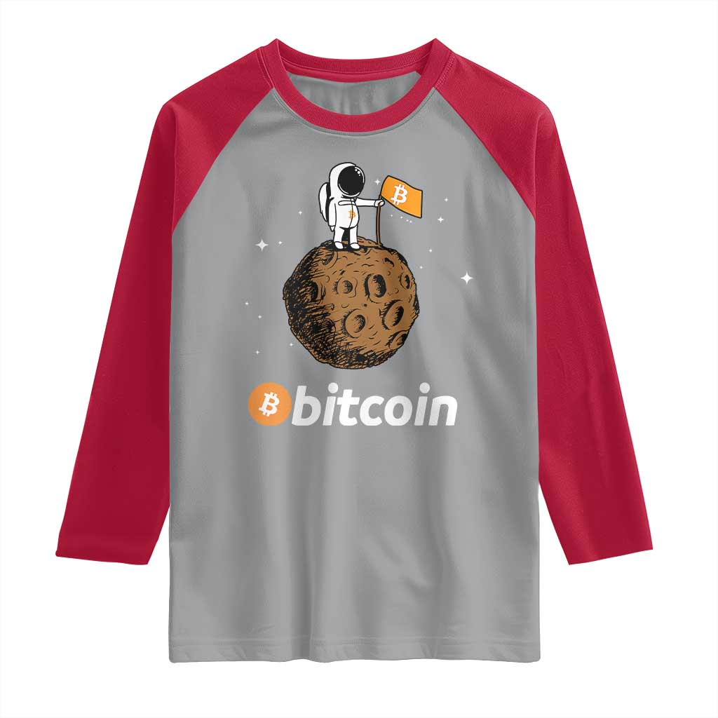 Funny Crypto Investing Raglan Shirt Bitcoin BTC Crypto to the Moon Graphic Featuring Astronaut TS02 Sport Gray Red Print Your Wear