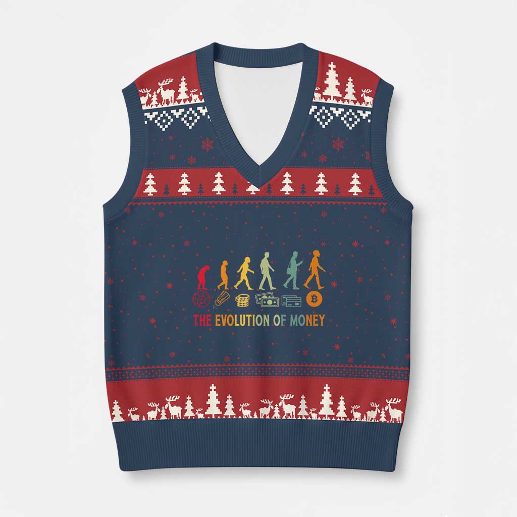 Funny Crypto Investing V-Neck Knit Sweater Vest The Evolution Of Money Bitcoin BTC Cryptocurrency TS02 Navy Red Print Your Wear