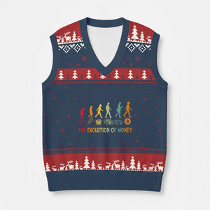 Funny Crypto Investing V-Neck Knit Sweater Vest The Evolution Of Money Bitcoin BTC Cryptocurrency TS02 Navy Red Print Your Wear