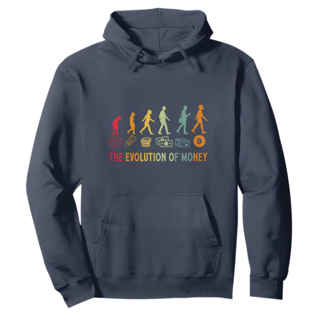 Funny Crypto Investing Hoodie The Evolution Of Money Bitcoin BTC Cryptocurrency TS02 Navy Print Your Wear
