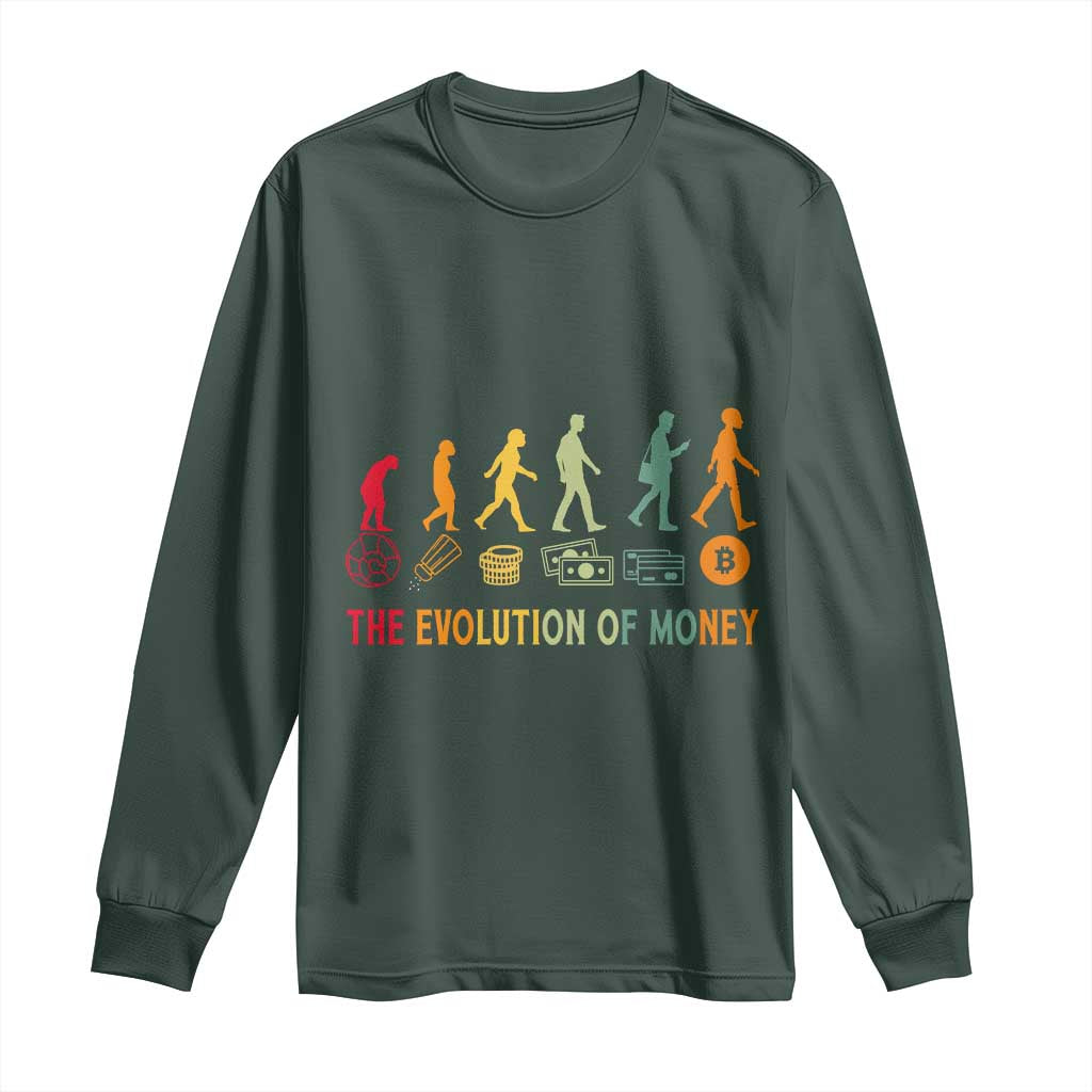 Funny Crypto Investing Long Sleeve Shirt The Evolution Of Money Bitcoin BTC Cryptocurrency TS02 Dark Forest Green Print Your Wear