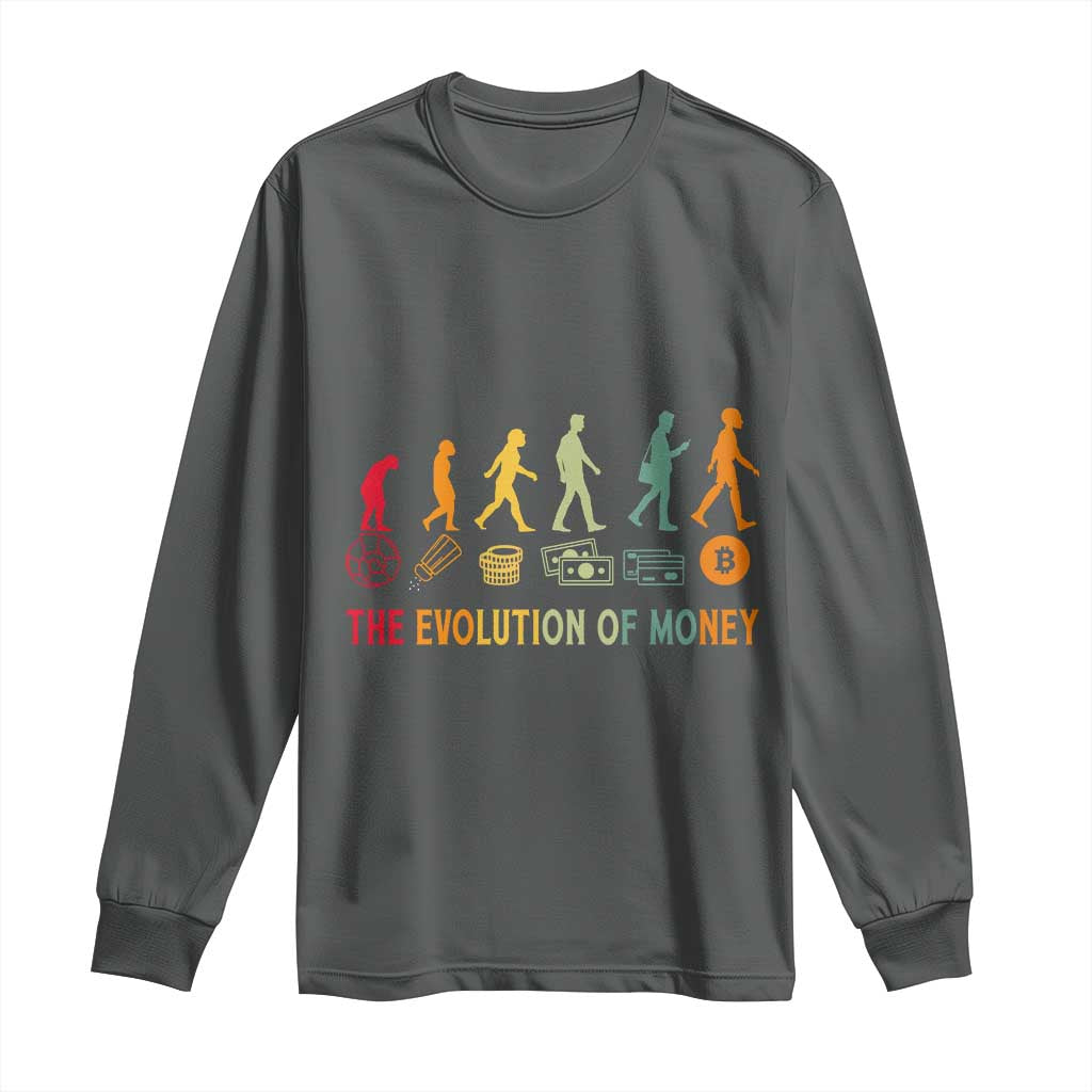 Funny Crypto Investing Long Sleeve Shirt The Evolution Of Money Bitcoin BTC Cryptocurrency TS02 Dark Heather Print Your Wear