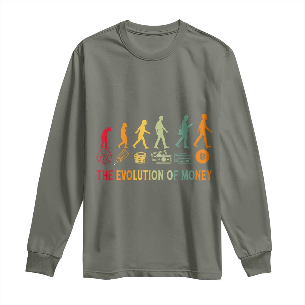 Funny Crypto Investing Long Sleeve Shirt The Evolution Of Money Bitcoin BTC Cryptocurrency TS02 Military Green Print Your Wear