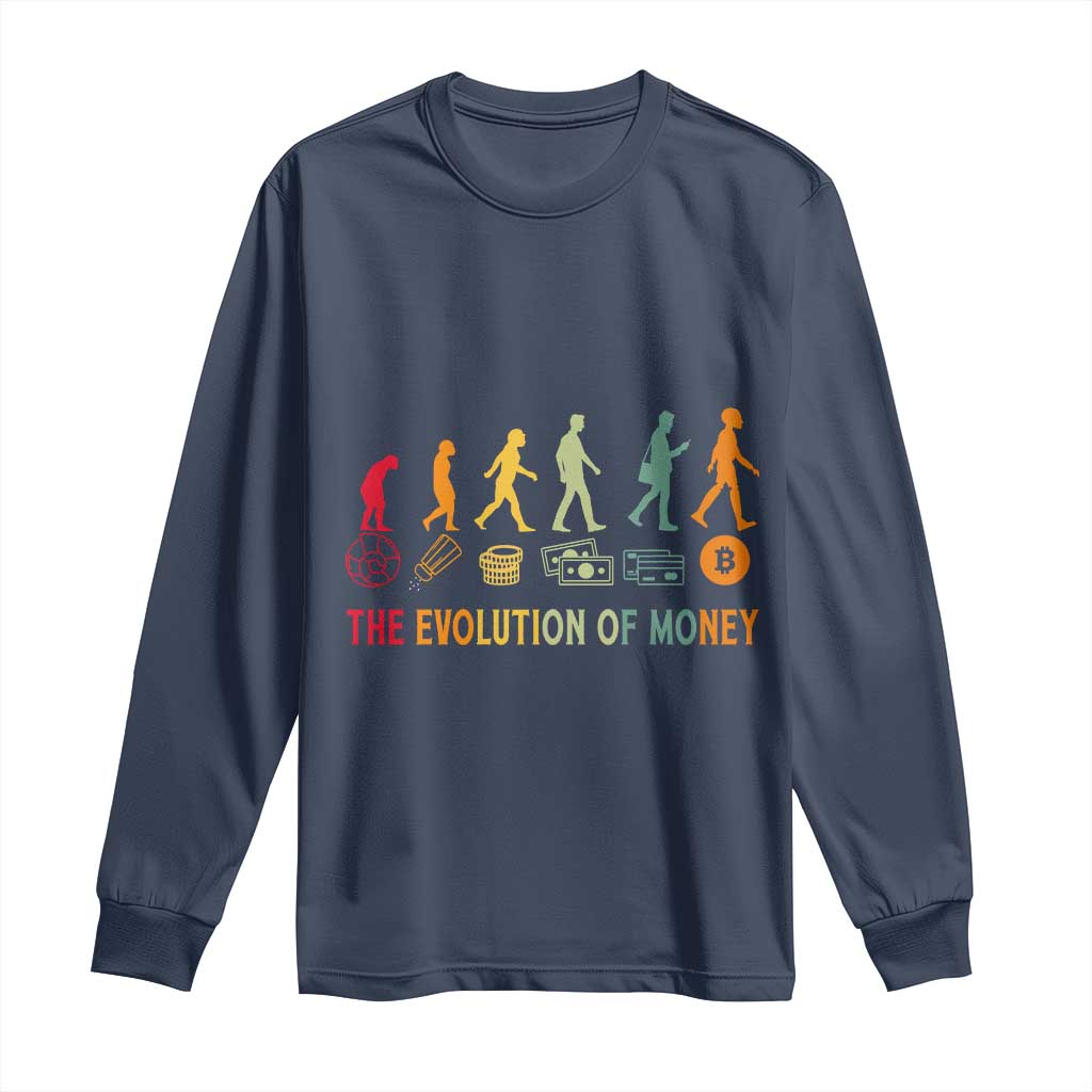 Funny Crypto Investing Long Sleeve Shirt The Evolution Of Money Bitcoin BTC Cryptocurrency TS02 Navy Print Your Wear