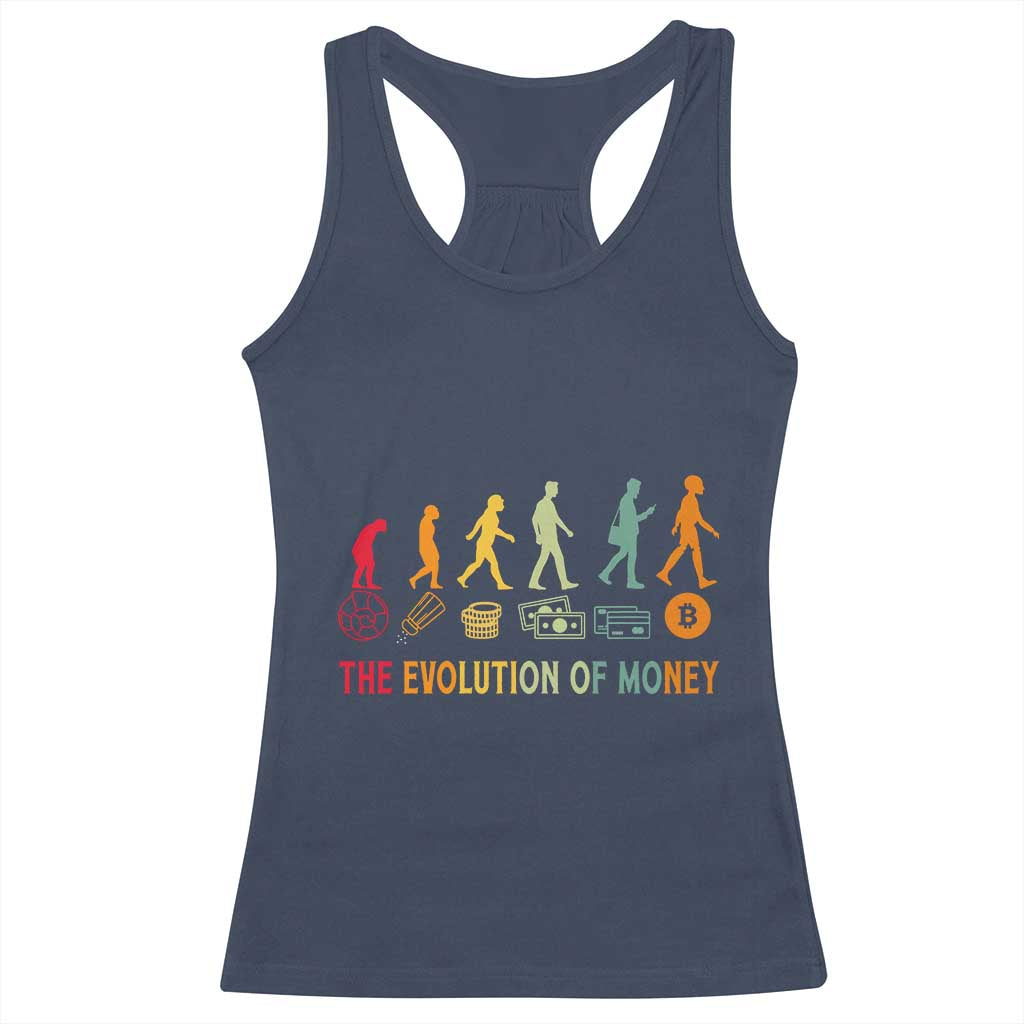 Funny Crypto Investing Racerback Tank Top The Evolution Of Money Bitcoin BTC Cryptocurrency TS02 Navy Print Your Wear