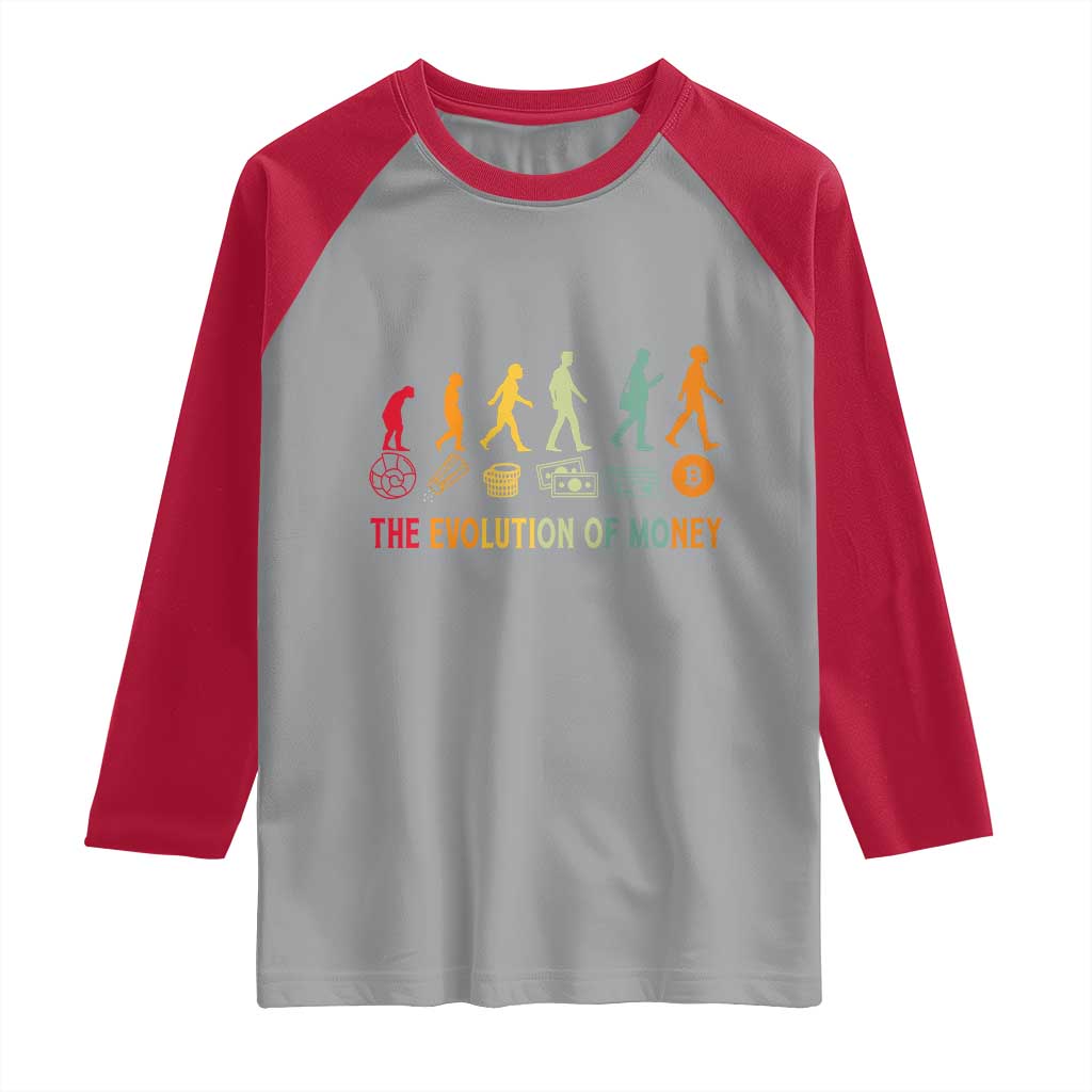 Funny Crypto Investing Raglan Shirt The Evolution Of Money Bitcoin BTC Cryptocurrency TS02 Sport Gray Red Print Your Wear
