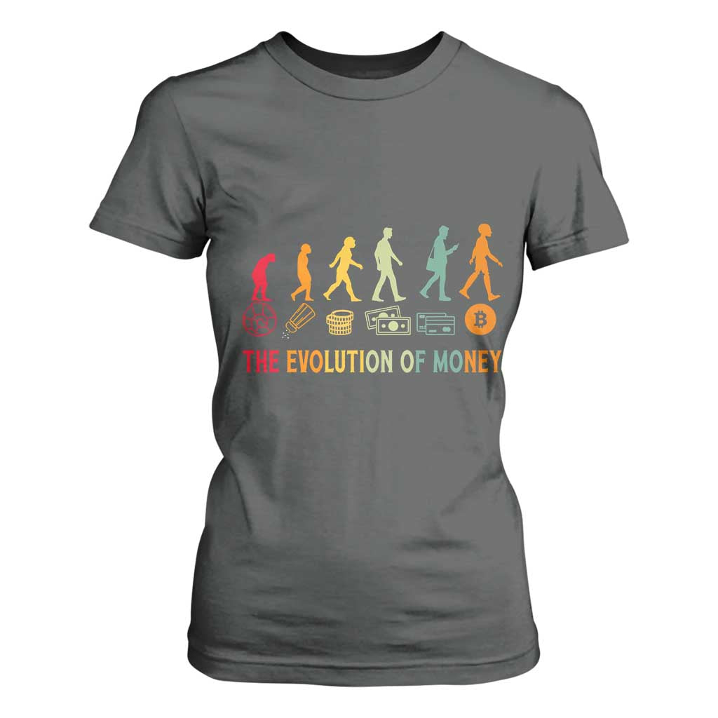 Funny Crypto Investing T Shirt For Women The Evolution Of Money Bitcoin BTC Cryptocurrency TS02 Dark Heather Print Your Wear