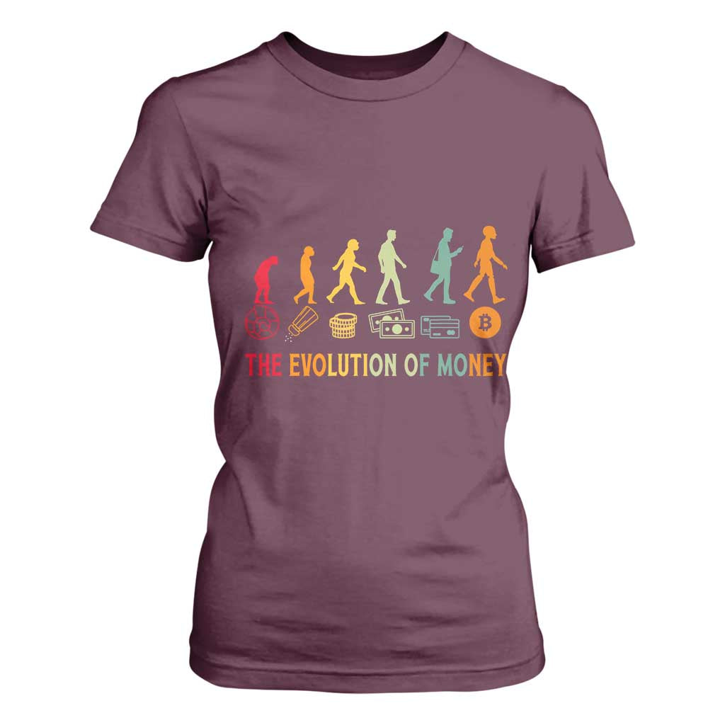 Funny Crypto Investing T Shirt For Women The Evolution Of Money Bitcoin BTC Cryptocurrency TS02 Maroon Print Your Wear