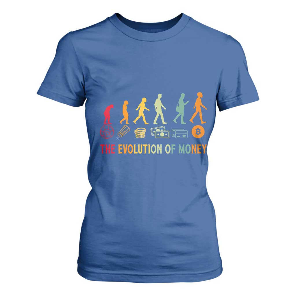 Funny Crypto Investing T Shirt For Women The Evolution Of Money Bitcoin BTC Cryptocurrency TS02 Royal Blue Print Your Wear