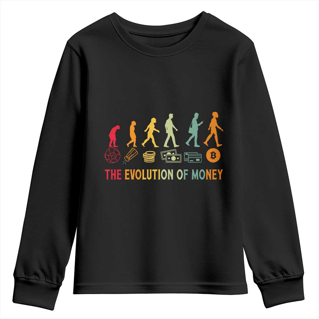 Funny Crypto Investing Youth Sweatshirt The Evolution Of Money Bitcoin BTC Cryptocurrency TS02 Black Print Your Wear
