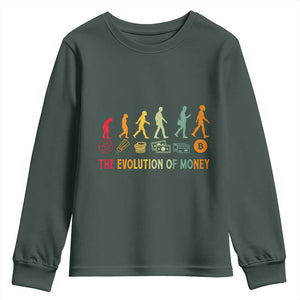 Funny Crypto Investing Youth Sweatshirt The Evolution Of Money Bitcoin BTC Cryptocurrency TS02 Dark Forest Green Print Your Wear
