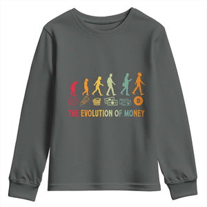 Funny Crypto Investing Youth Sweatshirt The Evolution Of Money Bitcoin BTC Cryptocurrency TS02 Dark Heather Print Your Wear