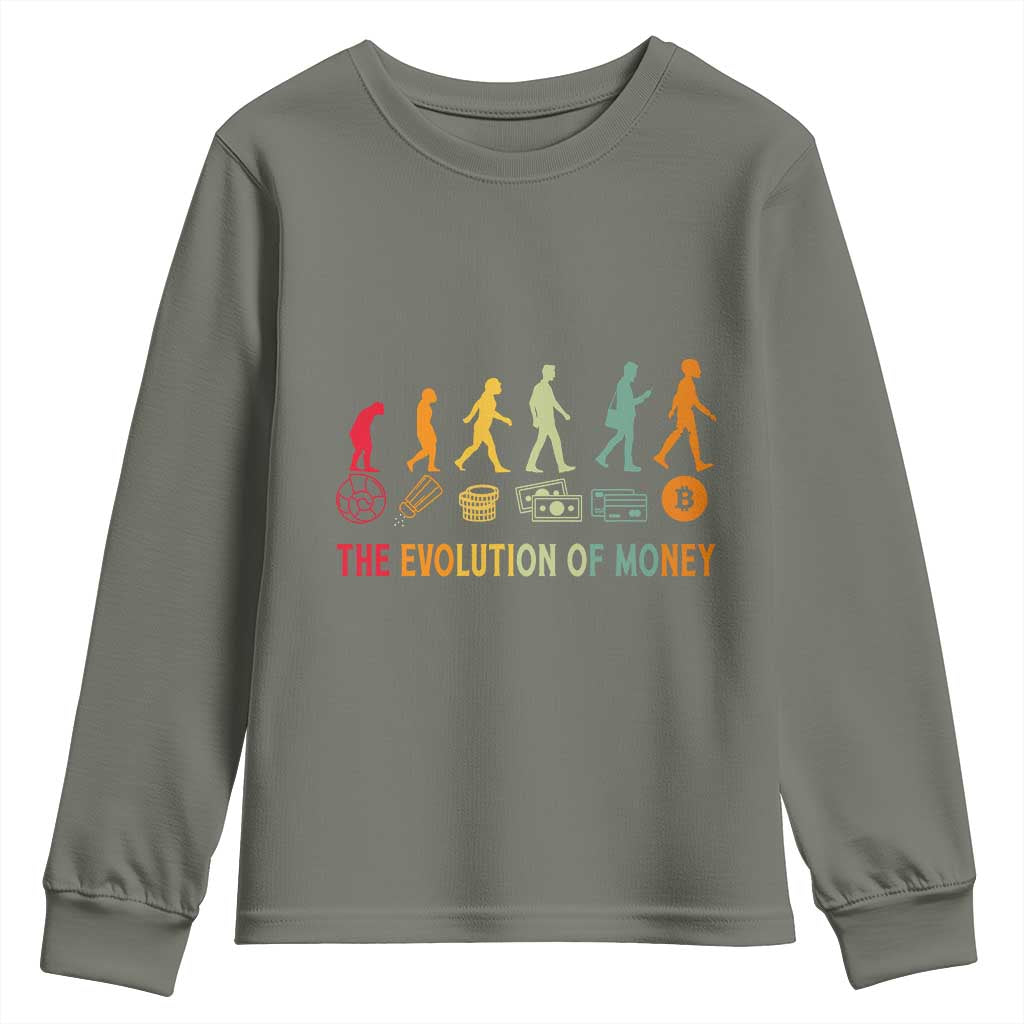 Funny Crypto Investing Youth Sweatshirt The Evolution Of Money Bitcoin BTC Cryptocurrency TS02 Military Green Print Your Wear