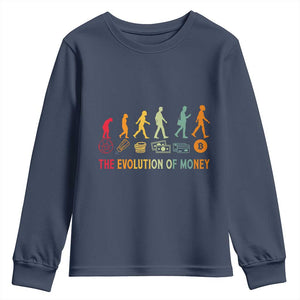 Funny Crypto Investing Youth Sweatshirt The Evolution Of Money Bitcoin BTC Cryptocurrency TS02 Navy Print Your Wear