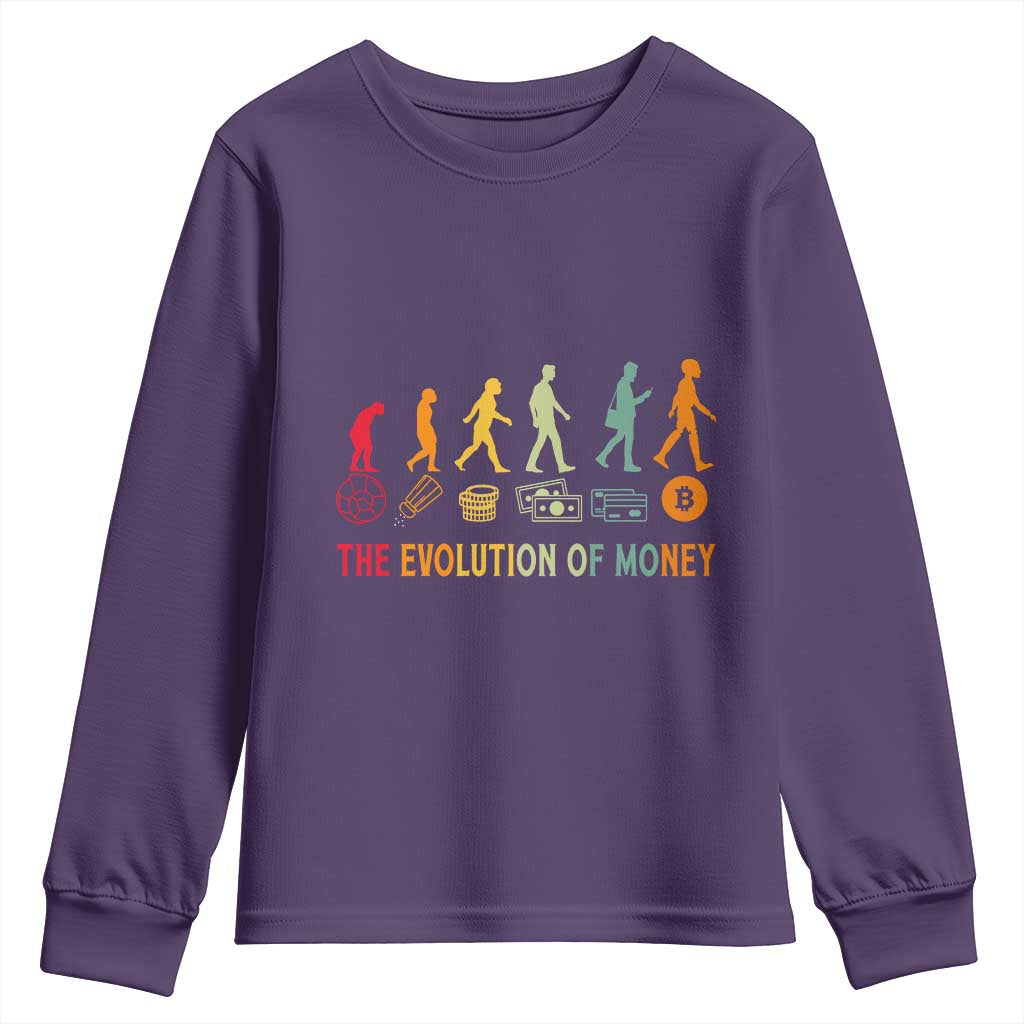 Funny Crypto Investing Youth Sweatshirt The Evolution Of Money Bitcoin BTC Cryptocurrency TS02 Purple Print Your Wear
