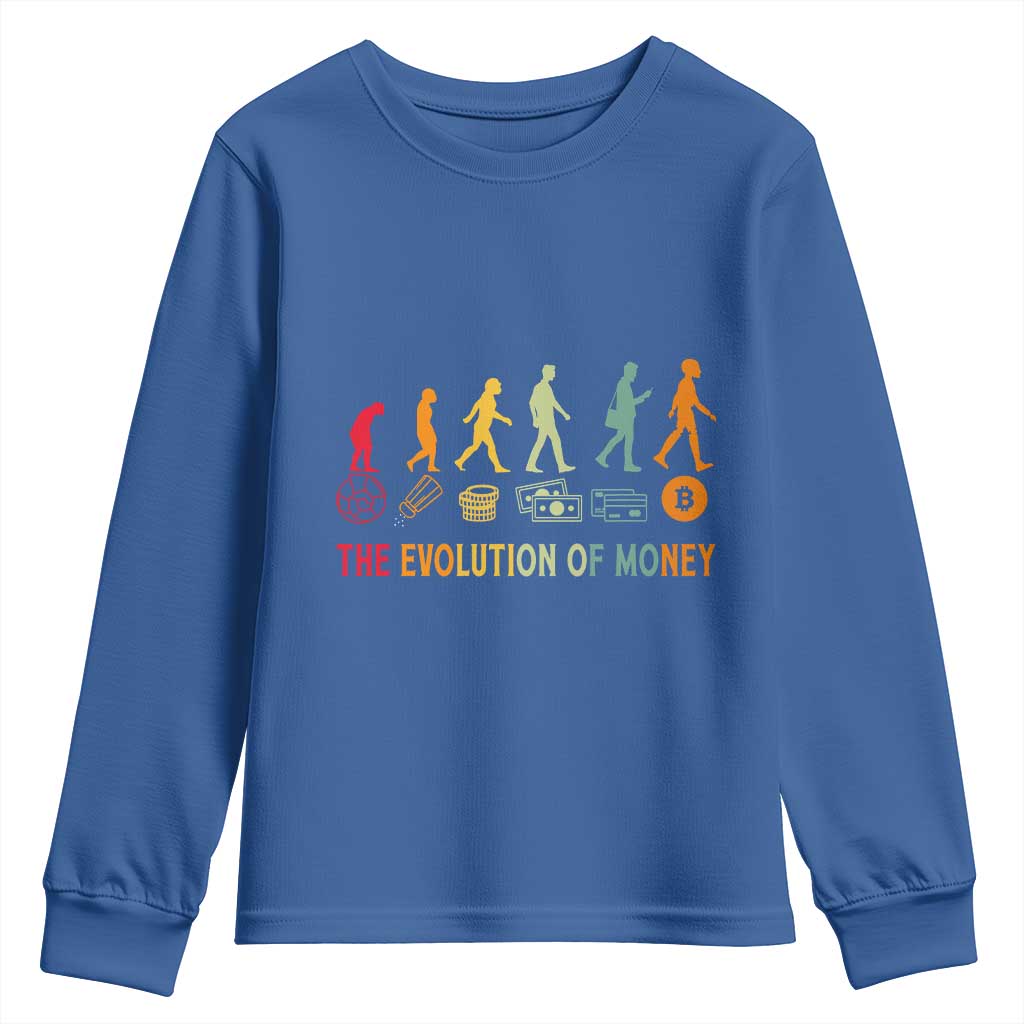 Funny Crypto Investing Youth Sweatshirt The Evolution Of Money Bitcoin BTC Cryptocurrency TS02 Royal Blue Print Your Wear