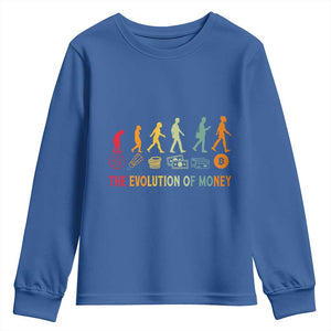 Funny Crypto Investing Youth Sweatshirt The Evolution Of Money Bitcoin BTC Cryptocurrency TS02 Royal Blue Print Your Wear