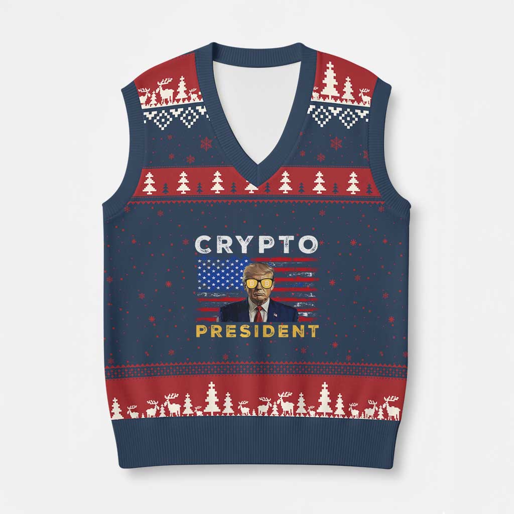 Trump Crypto V-Neck Knit Sweater Vest President Funny Bitcoin American Flag TS02 Navy Red Print Your Wear