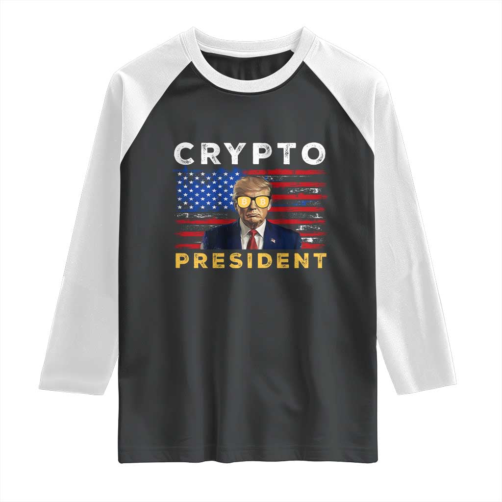 Trump Crypto Raglan Shirt Trump Crypto President Funny MAGA Bitcoin American Flag TS02 Black White Print Your Wear
