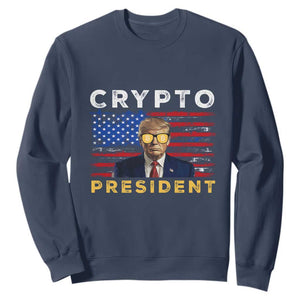 Trump Crypto Sweatshirt Trump Crypto President Funny MAGA Bitcoin American Flag TS02 Navy Print Your Wear