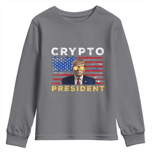 Trump Crypto Youth Sweatshirt Trump Crypto President Funny MAGA Bitcoin American Flag TS02 Charcoal Print Your Wear