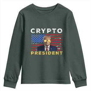 Trump Crypto Youth Sweatshirt Trump Crypto President Funny MAGA Bitcoin American Flag TS02 Dark Forest Green Print Your Wear