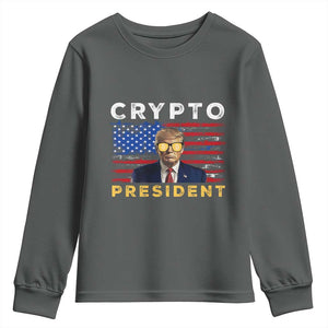 Trump Crypto Youth Sweatshirt Trump Crypto President Funny MAGA Bitcoin American Flag TS02 Dark Heather Print Your Wear