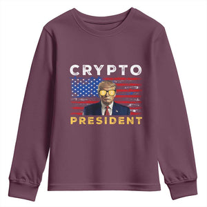 Trump Crypto Youth Sweatshirt Trump Crypto President Funny MAGA Bitcoin American Flag TS02 Maroon Print Your Wear