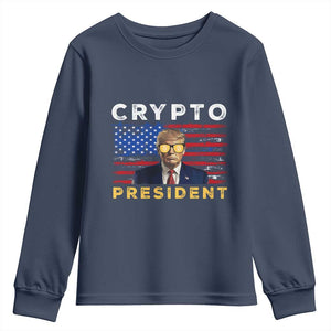 Trump Crypto Youth Sweatshirt Trump Crypto President Funny MAGA Bitcoin American Flag TS02 Navy Print Your Wear