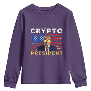 Trump Crypto Youth Sweatshirt Trump Crypto President Funny MAGA Bitcoin American Flag TS02 Purple Print Your Wear