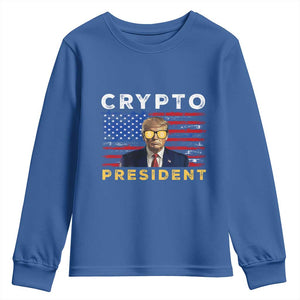 Trump Crypto Youth Sweatshirt Trump Crypto President Funny MAGA Bitcoin American Flag TS02 Royal Blue Print Your Wear