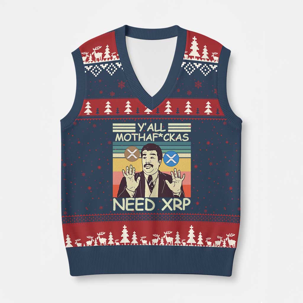 Funny Crypto Meme V-Neck Knit Sweater Vest Y'all Motha Fuckas Need XRP Cryptocurrency TS02 Navy Red Print Your Wear
