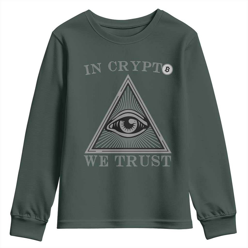 Funny Crypto Youth Sweatshirt In Crypto We Trust Bitcoin Cryptocurrency TS02 Dark Forest Green Print Your Wear