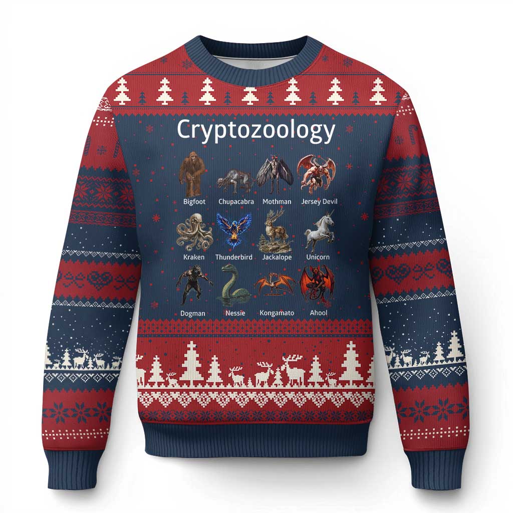 Cryptid Creatures Ugly Christmas Sweater Cryptozoology Fantasy Mythical Monsters TS02 Navy Red Print Your Wear