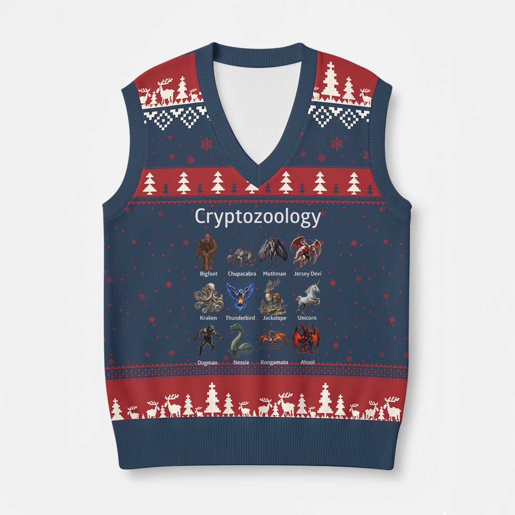Cryptid Creatures V-Neck Knit Sweater Vest Cryptozoology Fantasy Mythical Monsters TS02 Navy Red Print Your Wear